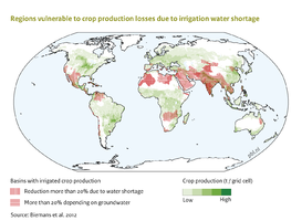 Regions vulnerable to crop production losses due to shortages in irrigation water (Biemans, 2012).