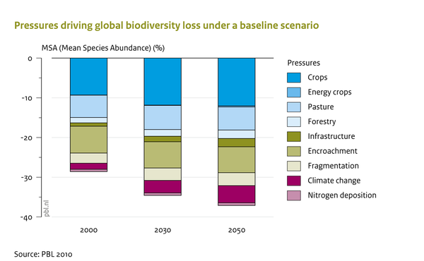 Pressures driving global biodiversity loss under a baseline scenario