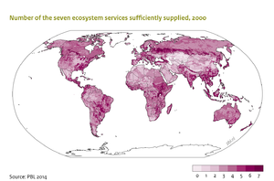 Assessing how many of the 7 ecosystem services addressed in IMAGE (food, water, Carbon sequestration, erosion protection, pollination, pest control, flood protection, tourism) can be sufficiently supplied allows to identify hotspots of losses in ecosystem services.